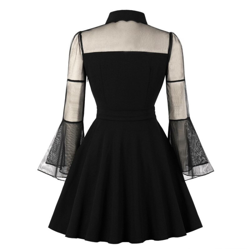 Plus Size Women Gothic Sexy Mini Dress Autumn Black Mesh Patchwork See-Through Flare Sleeve Draped Elegant Party Dress