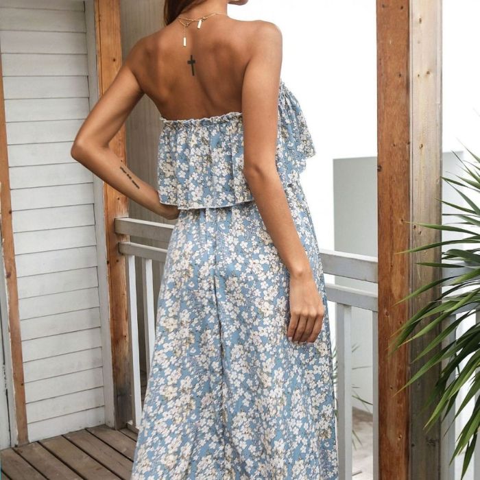 Women Fashion Casual Bandeau Holiday Style Printed Long Dress For Women 2022 New Spring Summer Strapless Ruffled Floral Dresses