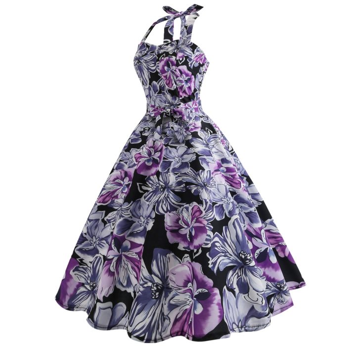 Summer Dress 2020 Robe Vintage Pin Up Dress Women Floral Print Halter Big Swing 1950s 60s Retro Rockabilly Party Dresses Vestido