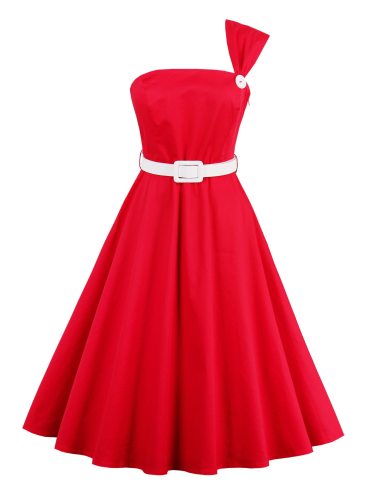 Women Vintage Dresses 2020 Summer Hot Chic One Shoulder Sexy Elegant Belt Red Sweet 1950s A Line Ladies Party Retro Day Dress