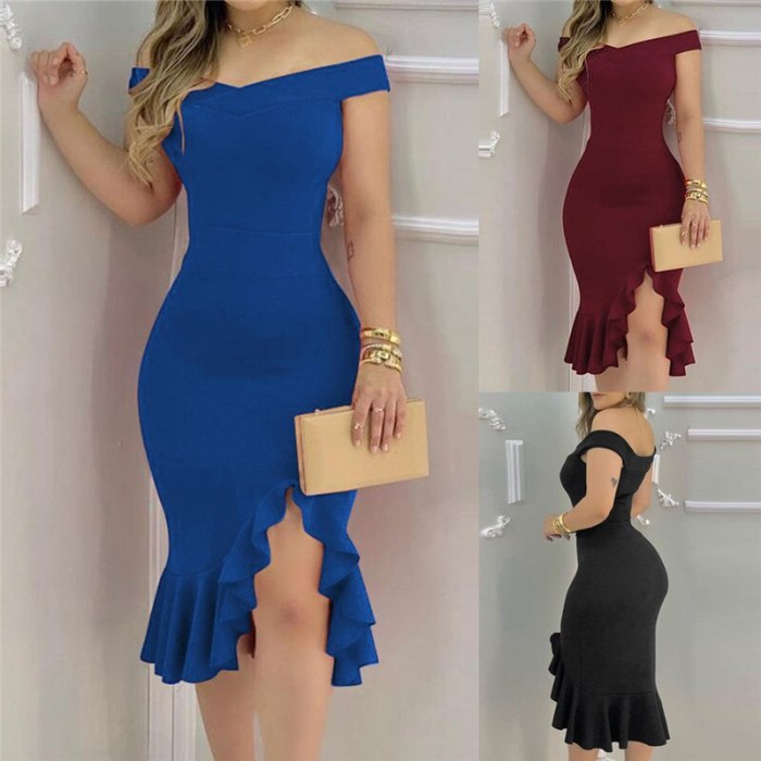 Off Shoulder Bodycon Women Dress Knee Length Midi Dresses Backless Party Clubwear Casual Asymmetry Ruffles Hem Summer Vestido