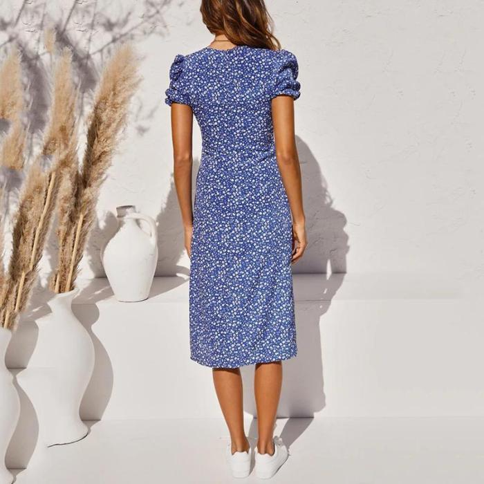 puff sleeves ruched bust split floral print midi dress