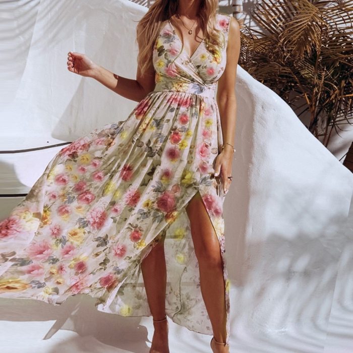 Split Dress Floral Print Summer Women V Neck Spaghetti Strap Party Pink Chiffon Elegant Casual Maxi Dresse