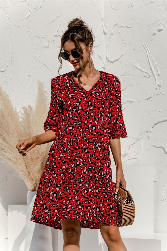 Casual Women Summer Mini Dress Strappy Half Sleeve V Neck Leopard Dresses Elegant Solid Print Ruffles Clothing