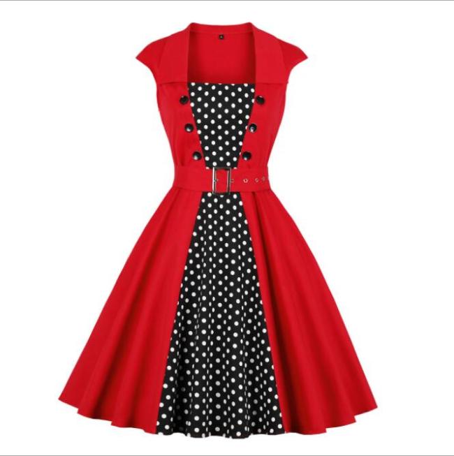 Elegant Women Dress Summer Vintage Clothes Red Polka Dot Patchwork Cotton Robe Pin Up Swing Retro Dress With Pockets
