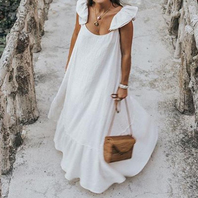 Casual Solid Color Ruffled Long Maxi Dress