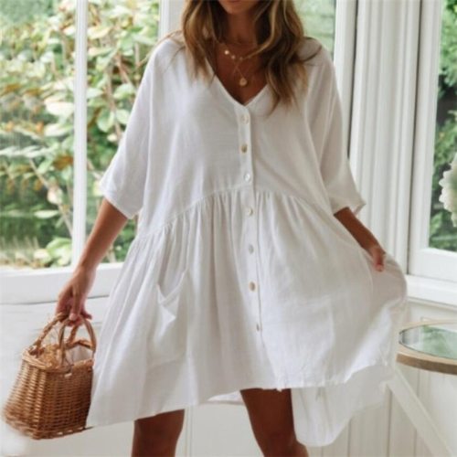 2021 Casual Summer Beach Dress White Cotton Tunic Women Beachwear Cover-ups Plus Size Sexy Pareo Beach Dress