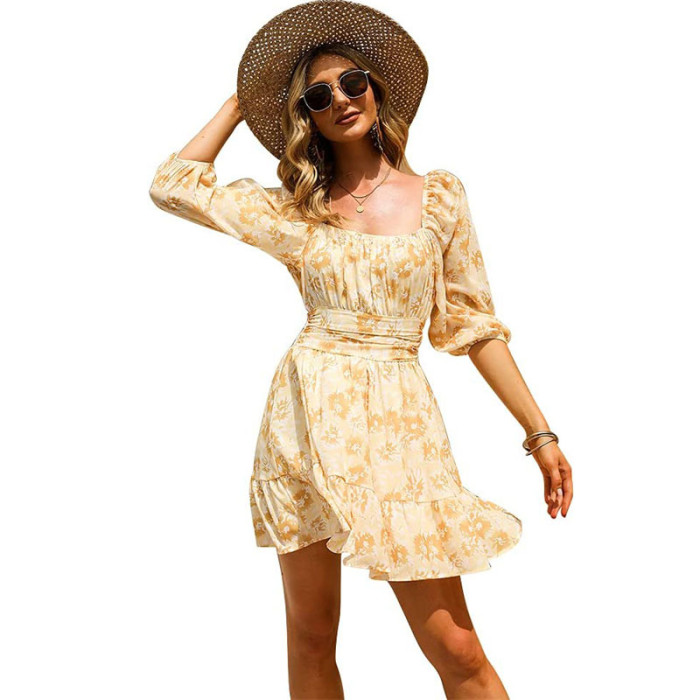 Womens Dresses Flower Printed Midi Sundress Bohemian Fancy Party Beach Vintage Ruffle Hem Dress