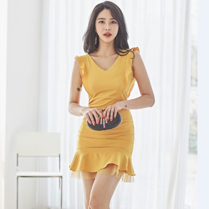 Summer New Korean Style Elegant V-neck Mesh Patchwork Ruffled Slim-Fit Sheath Dress