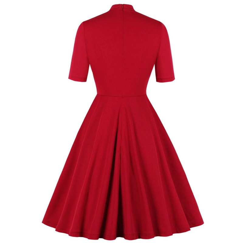 Retro Vintage Red Rockabilly 50s Casual Dresses Cotton 2021 Short Sleeve Bow Neck Solid Color Office OL Work Summer Swing