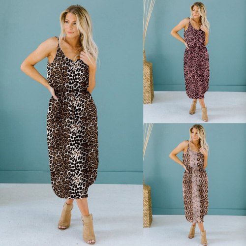 Sexy Leopard Print Midi Dress 2021 Summer Boho Fashion Spaghetti Strap V Neck Khaki Snake Beach Casual Dresses Vestidos