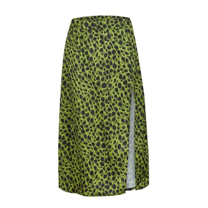 Women Green Leopard Skirts Summer Lady Fashion V-neck Loose Open Splice Button Skirts Beach Wear