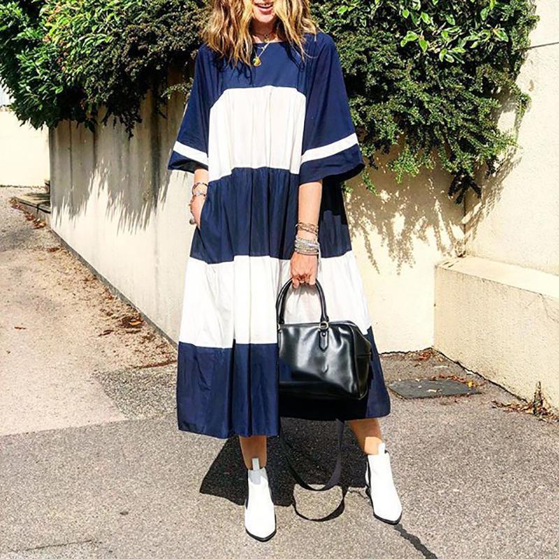 Casual Short Sleeve Patchwork Round Neck Vacation Maxi Dress