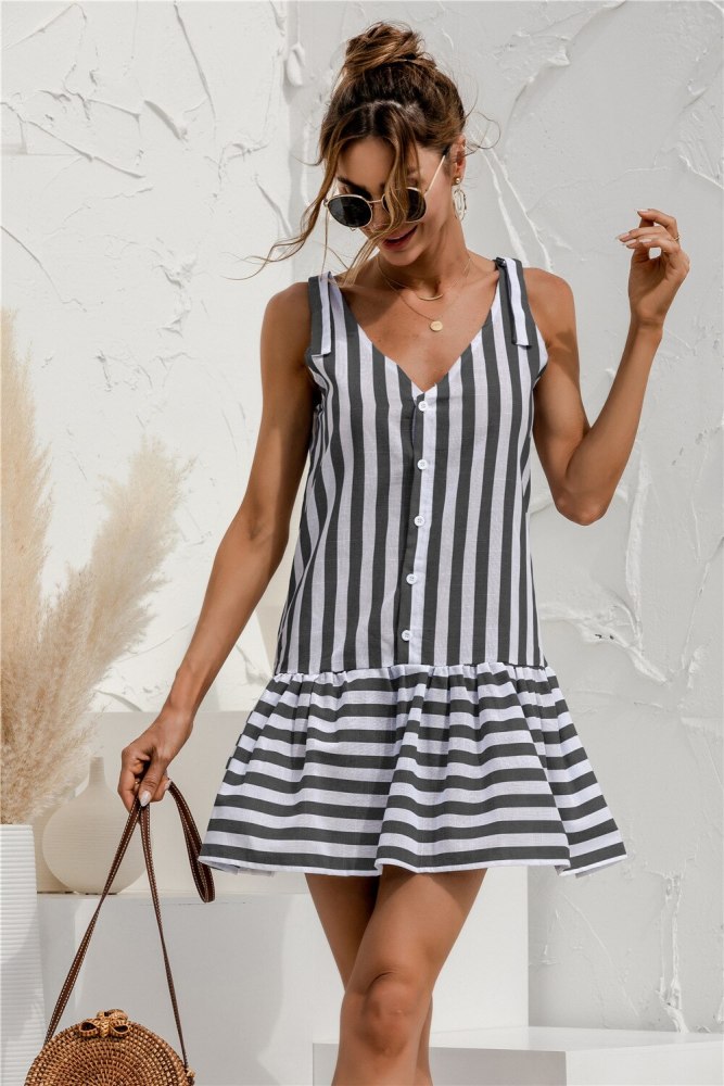 Summer Women's Casual Sleeveless Striped Cotton And Linen V-Neck Button Stitching Dresses 2021 Fashion A-Line Mini Dress Femme