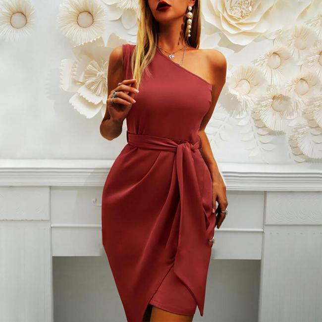 Women Dress Bodycon Sexy Solid Color Slim Summer Dresses 2021 Slash Shoulder Sleeveless Belt Dress for Wedding/Party /Club