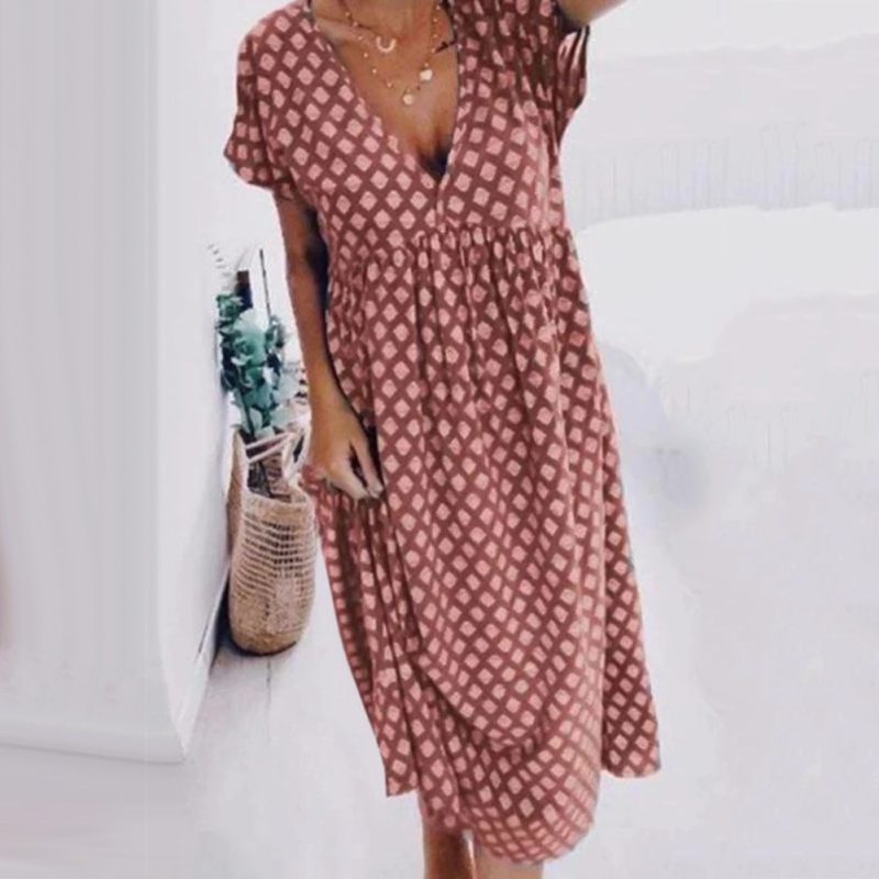 Summer Women Long Dress Boho Short Sleeve Deep V Neck Geometric Print Large Hem Loose Midi Dress