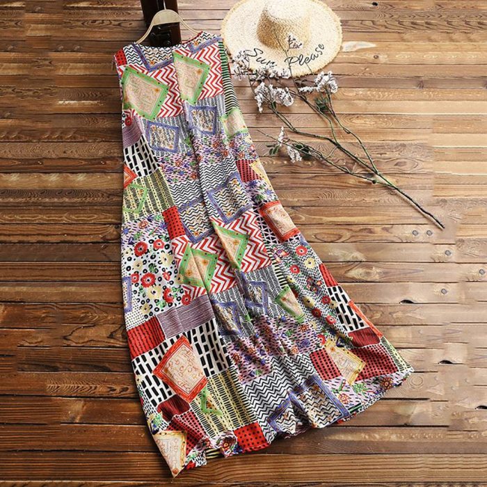 Women Vintage Print Long Dress Floral Patch O-Neck Sleeveless Casual Loose Maxi Dress Bohemian Summer Party Dresse