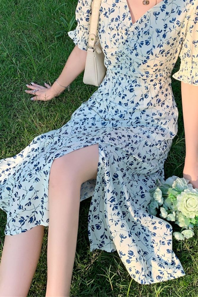 French Ruffle Women Sexy Puff Sleeve Split Dress Office Lady Korean Style Summer Elegant Chiffon Fairy Boho Vestidos