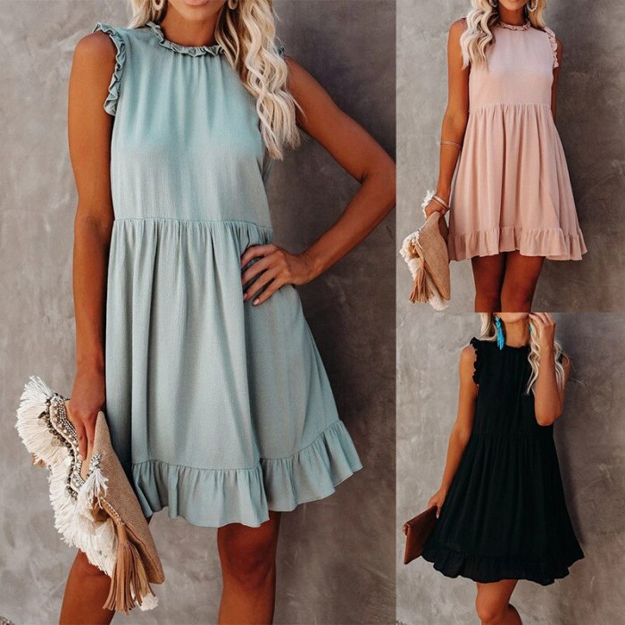 Elegant Summer Women Dress Casual O-Neck Sleeveless Ruffle Lady Dress WL374