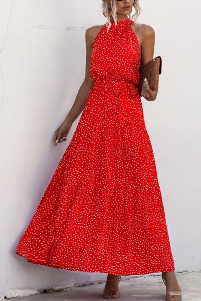 Women Dress Long Print Flowers Polka-dot strap Ladies Halter Boho Maxi Dress