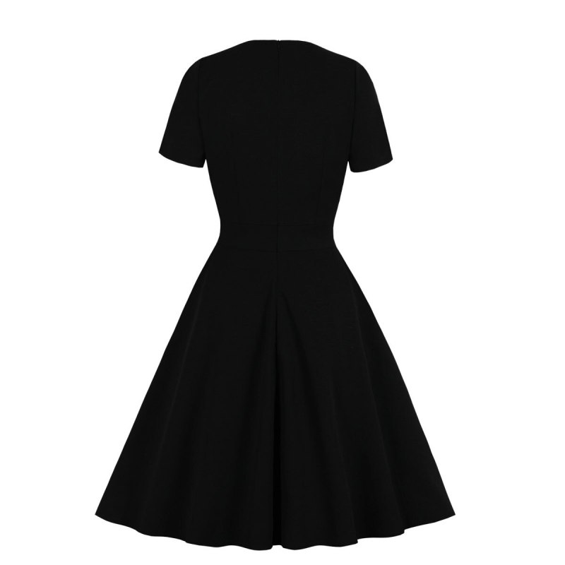 Vintage Lace Black Women Dress V Neck Short Sleeve Retro Women Dresses Rockabilly Party Dress Swing Casual Dress