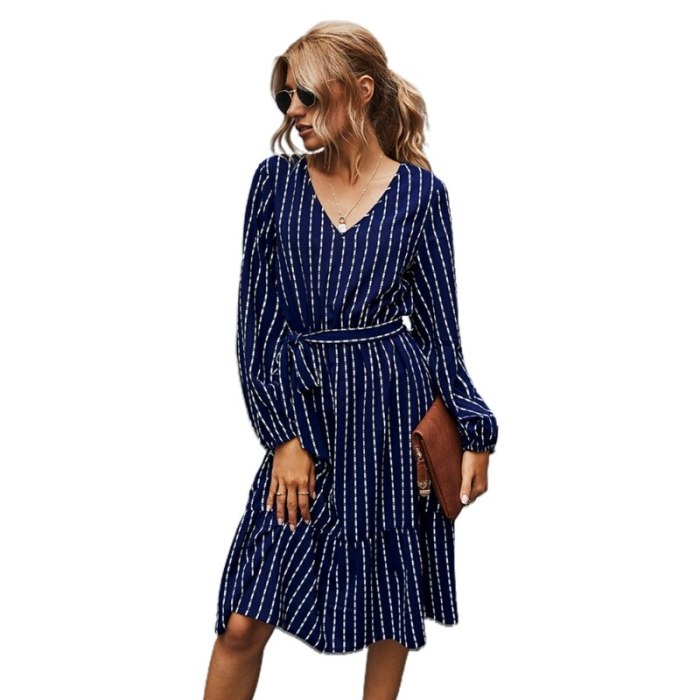 Women Puff Long Sleeve V-Neck Loose Midi Dress Elegant Striped Printed Belted High Waist Pleated Flowy Solid Streetwear