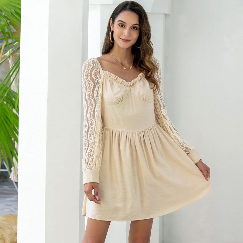 Pure Color Lace Stitching Lady Temperament Sweet Women's Dress V Neck High Waist Sexy Fashion Spring Summer Ladies Dress