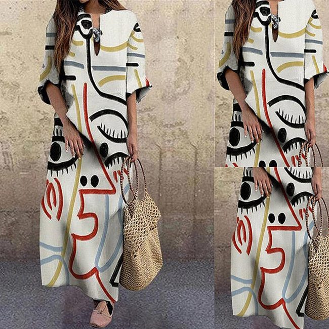 Elegant Vintage Portrait Print Dress Abstract Face Women Dresses Beach Party Spring Autumn 2020 Fashion Loose Female Chic Dress