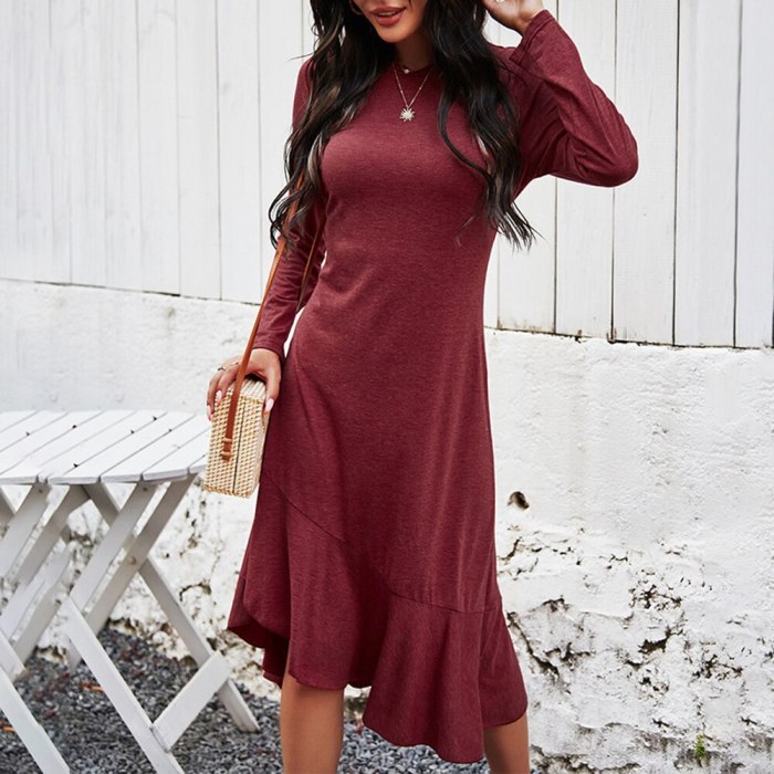 Long Dress Fashion Solid Elegant Ladies Long Sleeve Ruffle Asymmetrical Dresses For Women Spring Autumn Clothes New Arrival 2021