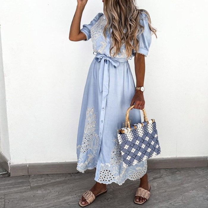 Women Stand Collar Button Long Shirt Dress Spring Embroidery Flower Lace Maxi Dress Summer Puff Sleeve Spliced Party Dress Belt