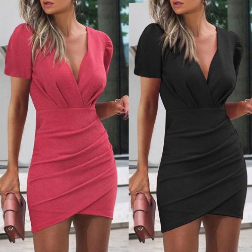 2021 Top Sexy Vneck Mini Dress Mujer Women Fashion Sexy Solid Color V-Neck Sleeveless Short Sleeve Sheath Mini Dress