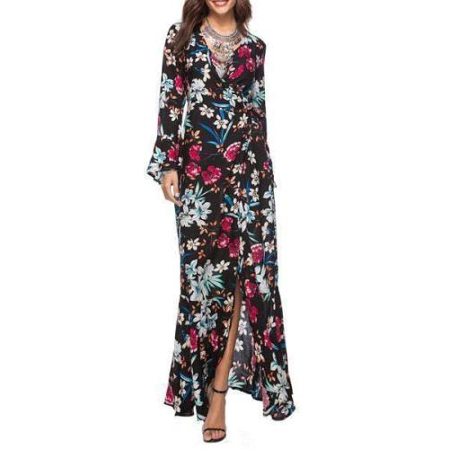 Sexy V-Neck Printed Long Sleeved Maxi Dress