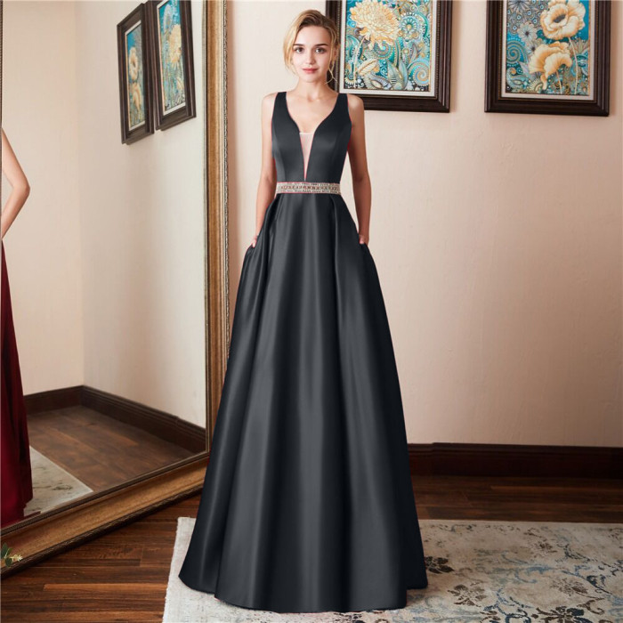 Sexy Women V-Neck Banquet Party Dress Sleeveless Slim Satin Robe Gown 2021 New Backless Soiree Vestidos Plus Size 3XL Dresses