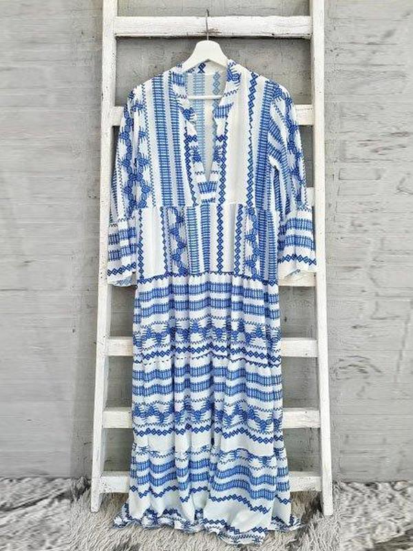 Boho Printed V-Neck 3/4 Sleeve Loose Maxi Dress