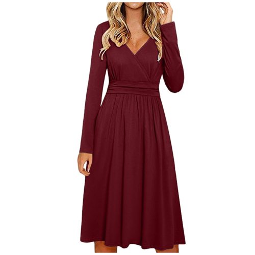 Women's Long Sleeve V-Neck Wrap Waist Casual Fashion Midi Dress