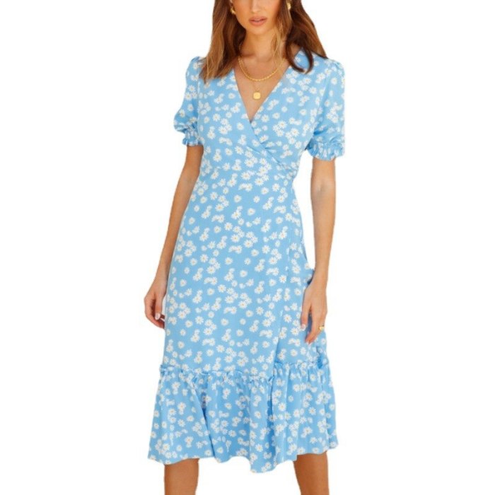 Blue Floral Print Elegant Dress 2021 V Neck Puff Sleeve Pleated Dresses Women Summer Beach Dress Midi Wrap Sundress Robe Femme