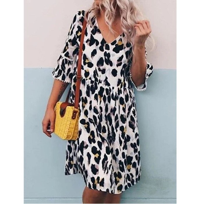 Fashion Half Sleeve Print Loose Women Dress Summer V-Neck Casual A-Line Midi Dresses Female Streetwear 2021 Sundress Vestidos