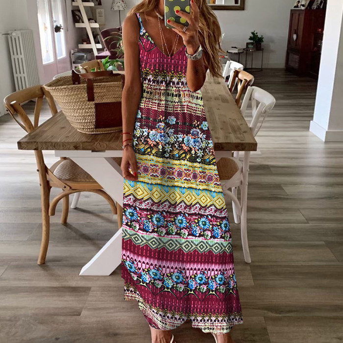 Everkaki Slip Maxi Dresses Women Bohemian Print Sleeveless Vestidos Ladies Boho Plus Size Summer Beach Long Dress Female 2021