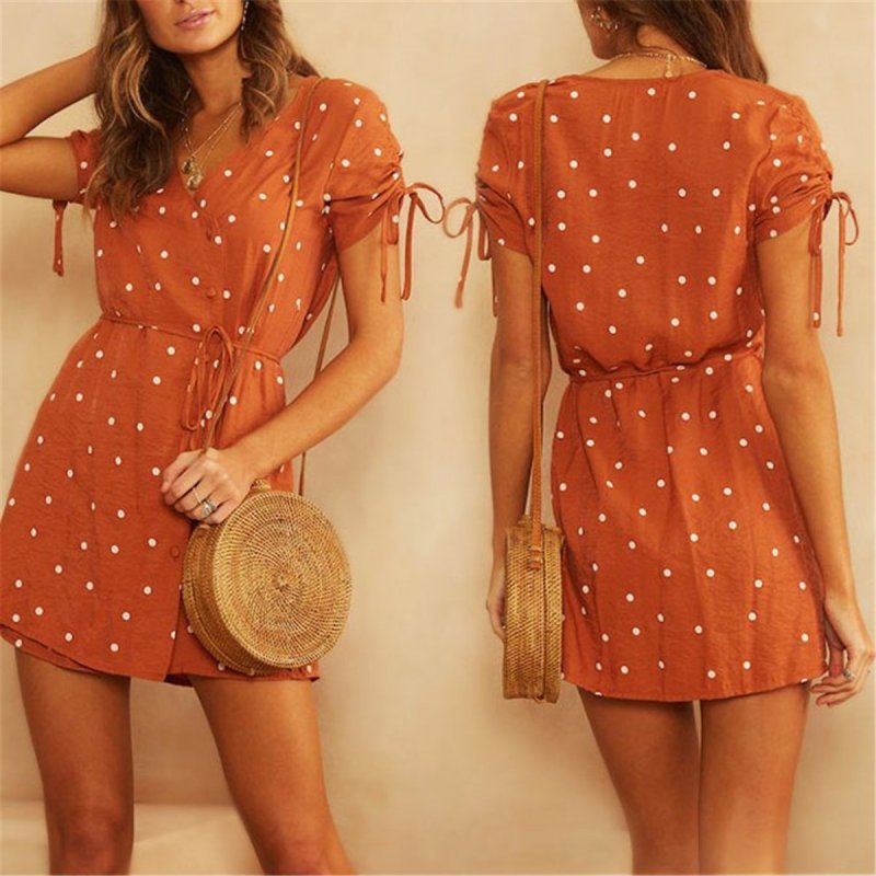 Fashion V Collar Polka Dot Printed Defined Waist Mini Dress