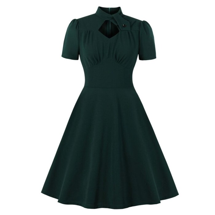 Twist Stand Collar Cut Out Front Party High Waist Ruched Dress Vintage Style Women Pocket Side Green Swing Dresses