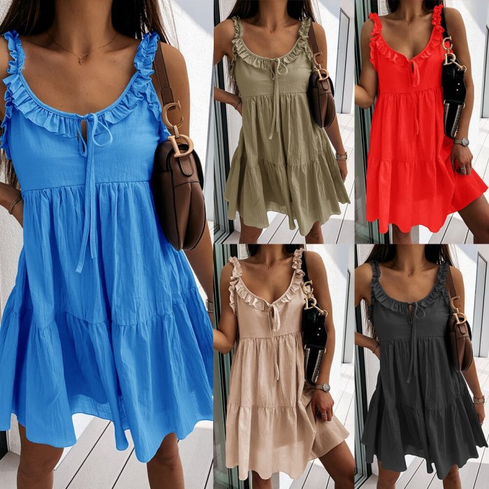 2021 Summer Ruffle Stitching A-Line Pullover Dress Sexy V-Neck Strap Ruffle Dress Casual Loose Sleeveless Mini Dresses For Women