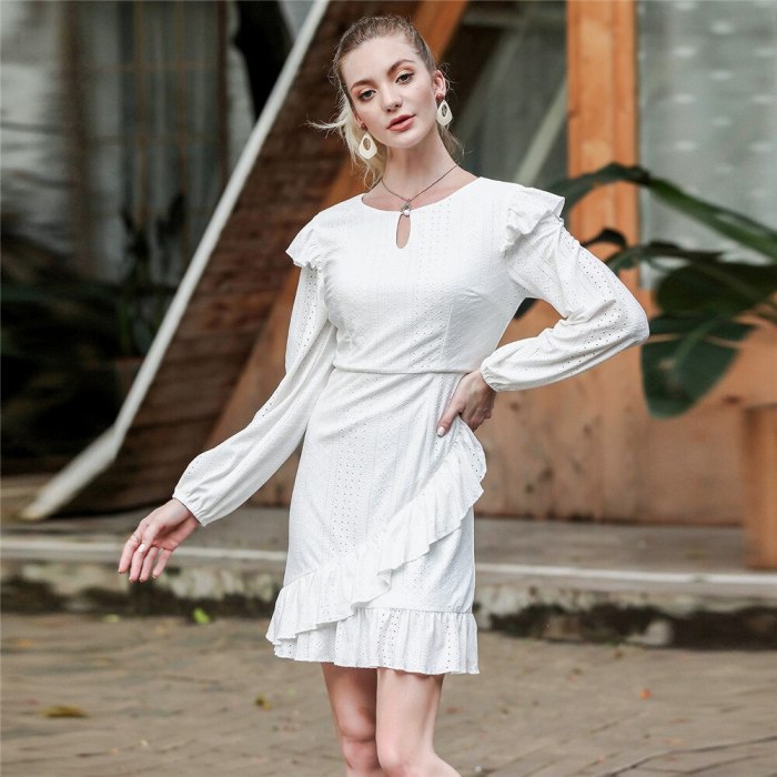 Elegant Women O-neck Ruffles Mini Dress Vintage Autumn Winter Dress Ladies Casual Lantern Sleeve Sweet White Dress Vestidos