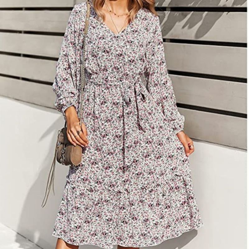 Floral Print Long Maxi Dresses For Women 2021 Autumn Long Sleeve Ruffles Bobo Beach Dresses Holiday Vintage V Neck Dress Fashion