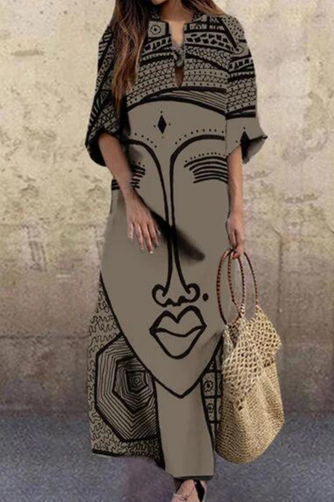 Women Casual Boho Fashion Print Dress V-Neck Big Swing Half Sleeve Maxi Dress