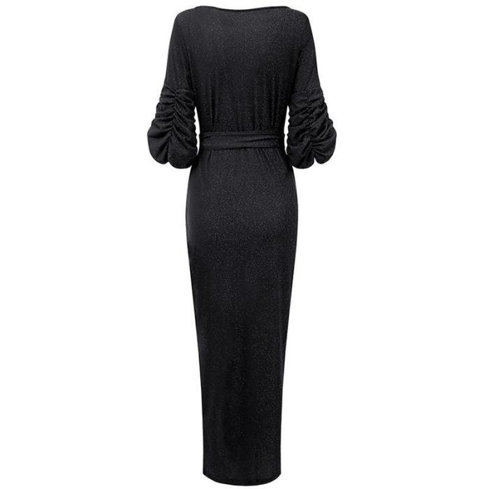 Fashion Elegant Side Slit V-neck Pleated Sleeve Maxi Dress