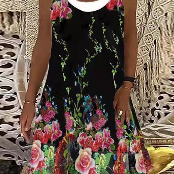2021 Vintage Women Floral Print Dress O Neck Large Size Loose Dresses Femal Casual Beach Plus False Two-piece Suit