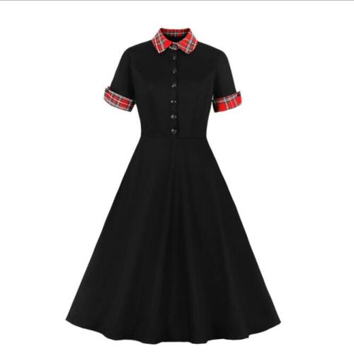 Tonval Contrast Tartan Collar and Cuff 1950s Vintage Black Midi Dress Button Up Elegant Women 95% Cotton Swing Dresses