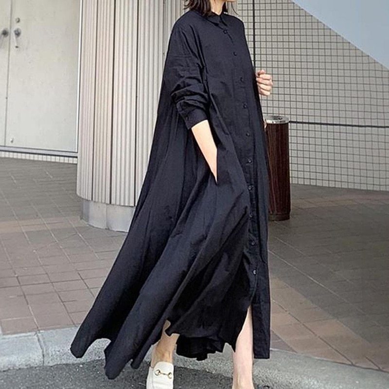 Minimalist Dress Women's Spring 2021 New Lapel Loose Single Breasted Solid Color Pocket Maxi Shirt Dresses Female