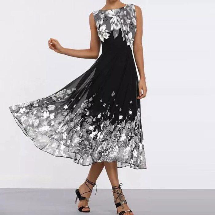 Fashion Butterfly Floral Print Long Elegant O Neck A-Line Party Dress Summer Sleeveless Tank Dresses