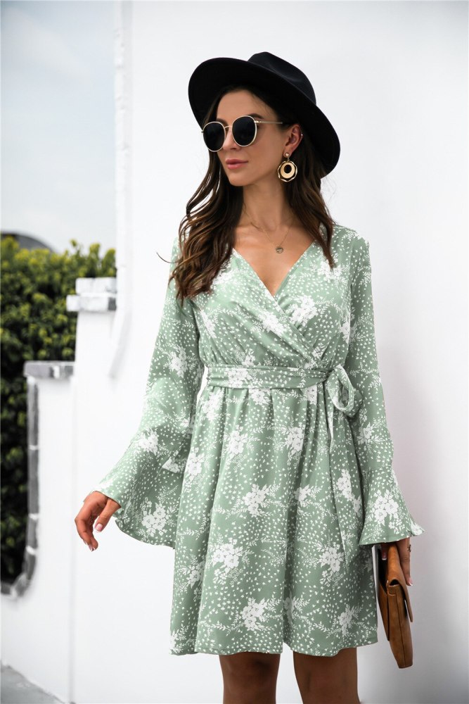 Casual Chic Women Mini Dresses 2021 Autumn New Hot Sale Full Flared Sleeve V-Neck Lace-up Printed Floral Dress Elegant Fashion